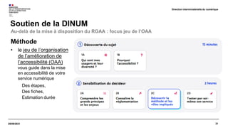 21
29/09/2021
Soutien de la DINUM
Direction interministérielle du numérique
Méthode
• le jeu de l’organisation
de l’amélioration de
l’accessibilité (OAA)
vous guide dans la mise
en accessibilité de votre
service numérique
Des étapes,
Des fiches,
Estimation durée
Au-delà de la mise à disposition du RGAA : focus jeu de l’OAA
 
