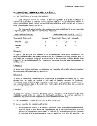 Memoria Electricidad
8. PROTECCION CONTRA SOBRETENSIONES.
8.1. CATEGORÍAS DE LAS SOBRETENSIONES.
Las categorías indican los valores de tensión soportada a la onda de choque de
sobretensión que deben de tener los equipos, determinando, a su vez, el valor límite máximo de
tensión residual que deben permitir los diferentes dispositivos de protección de cada zona para
evitar el posible daño de dichos equipos.
Se distinguen 4 categorías diferentes, indicando en cada caso el nivel de tensión soportada
a impulsos, en kV, según la tensión nominal de la instalación.
Tensión nominal instalación Tensión soportada a impulsos 1,2/50 (kV)
Sistemas III Sistemas II Categoría IV Categoría III Categoría II Categoría I
230/400 230 6 4 2,5 1,5
400/690 8 6 4 2,5
1000
Categoría I
Se aplica a los equipos muy sensibles a las sobretensiones y que están destinados a ser
conectados a la instalación eléctrica fija (ordenadores, equipos electrónicos muy sensibles, etc). En
este caso, las medidas de protección se toman fuera de los equipos a proteger, ya sea en la
instalación fija o entre la instalación fija y los equipos, con objeto de limitar las sobretensiones a un
nivel específico.
Categoría II
Se aplica a los equipos destinados a conectarse a una instalación eléctrica fija (electrodomésticos,
herramientas portátiles y otros equipos similares).
Categoría III
Se aplica a los equipos y materiales que forman parte de la instalación eléctrica fija y a otros
equipos para los cuales se requiere un alto nivel de fiabilidad (armarios de distribución,
embarrados, aparamenta: interruptores, seccionadores, tomas de corriente, etc., canalizaciones y
sus accesorios: cables, caja de derivación, etc., motores con conexión eléctrica fija: ascensores,
máquinas industriales, etc.
Categoría IV
Se aplica a los equipos y materiales que se conectan en el origen o muy próximos al origen de la
instalación, aguas arriba del cuadro de distribución (contadores de energía, aparatos de
telemedida, equipos principales de protección contra sobreintensidades, etc.).
8.2. MEDIDAS PARA EL CONTROL DE LAS SOBRETENSIONES.
Se pueden presentar dos situaciones diferentes:
- Situación natural: cuando no es preciso la protección contra las sobretensiones transitorias,
pues se prevé un bajo riesgo de sobretensiones en la instalación (debido a que está
alimentada por una red subterránea en su totalidad). En este caso se considera suficiente
la resistencia a las sobretensiones de los equipos indicada en la tabla de categorías, y no
 
