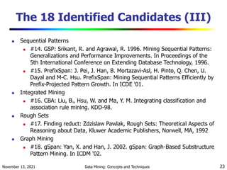 November 13, 2021 Data Mining: Concepts and Techniques 23
The 18 Identified Candidates (III)
 Sequential Patterns
 #14. GSP: Srikant, R. and Agrawal, R. 1996. Mining Sequential Patterns:
Generalizations and Performance Improvements. In Proceedings of the
5th International Conference on Extending Database Technology, 1996.
 #15. PrefixSpan: J. Pei, J. Han, B. Mortazavi-Asl, H. Pinto, Q. Chen, U.
Dayal and M-C. Hsu. PrefixSpan: Mining Sequential Patterns Efficiently by
Prefix-Projected Pattern Growth. In ICDE '01.
 Integrated Mining
 #16. CBA: Liu, B., Hsu, W. and Ma, Y. M. Integrating classification and
association rule mining. KDD-98.
 Rough Sets
 #17. Finding reduct: Zdzislaw Pawlak, Rough Sets: Theoretical Aspects of
Reasoning about Data, Kluwer Academic Publishers, Norwell, MA, 1992
 Graph Mining
 #18. gSpan: Yan, X. and Han, J. 2002. gSpan: Graph-Based Substructure
Pattern Mining. In ICDM '02.
 