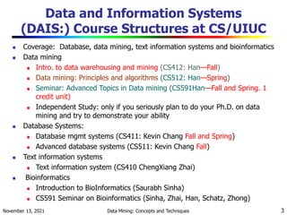 November 13, 2021 Data Mining: Concepts and Techniques 3
Data and Information Systems
(DAIS:) Course Structures at CS/UIUC
 Coverage: Database, data mining, text information systems and bioinformatics
 Data mining
 Intro. to data warehousing and mining (CS412: Han—Fall)
 Data mining: Principles and algorithms (CS512: Han—Spring)
 Seminar: Advanced Topics in Data mining (CS591Han—Fall and Spring. 1
credit unit)
 Independent Study: only if you seriously plan to do your Ph.D. on data
mining and try to demonstrate your ability
 Database Systems:
 Database mgmt systems (CS411: Kevin Chang Fall and Spring)
 Advanced database systems (CS511: Kevin Chang Fall)
 Text information systems
 Text information system (CS410 ChengXiang Zhai)
 Bioinformatics
 Introduction to BioInformatics (Saurabh Sinha)
 CS591 Seminar on Bioinformatics (Sinha, Zhai, Han, Schatz, Zhong)
 