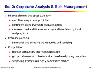 November 13, 2021 Data Mining: Concepts and Techniques 35
Ex. 2: Corporate Analysis & Risk Management
 Finance planning and asset evaluation
 cash flow analysis and prediction
 contingent claim analysis to evaluate assets
 cross-sectional and time series analysis (financial-ratio, trend
analysis, etc.)
 Resource planning
 summarize and compare the resources and spending
 Competition
 monitor competitors and market directions
 group customers into classes and a class-based pricing procedure
 set pricing strategy in a highly competitive market
 