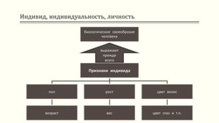 Индивид, индивидуальность, личность
Признаки индивида
пол
возраст
рост
вес
цвет волос
цвет глаз и т.п.
биологическое своеобразие
человека
выражают
прежде
всего
 