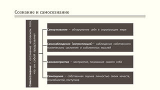 Сознание и самосознание
Самосознание
–
осознание
человеком
того,
что
он
собой
представляет
Самоузнавание – обнаружение себя в окружающем мире
Самонаблюдение (интроспекция) – наблюдение собственного
психического состояния и собственных мыслей
Самовосприятие – восприятие, понимание самого себя
Самооценка – собственная оценка личностью своих качеств,
способностей, поступков
 