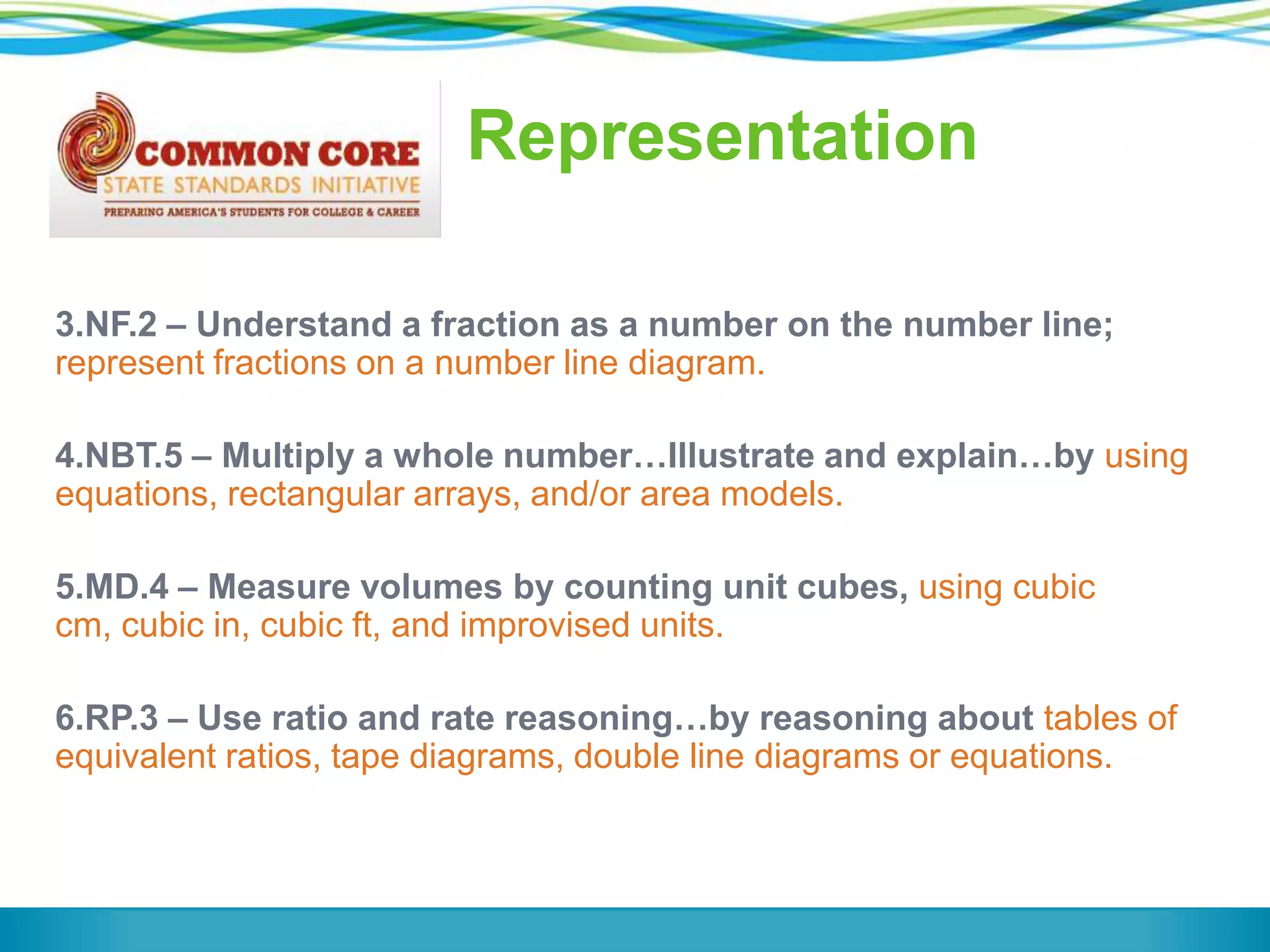 Representation
3.NF.2 – Understand a fraction as a number on the number line;
represent fractions on a number line diagram.
4.NBT.5 – Multiply a whole number…Illustrate and explain…by using
equations, rectangular arrays, and/or area models.
5.MD.4 – Measure volumes by counting unit cubes, using cubic
cm, cubic in, cubic ft, and improvised units.
6.RP.3 – Use ratio and rate reasoning…by reasoning about tables of
equivalent ratios, tape diagrams, double line diagrams or equations.

 