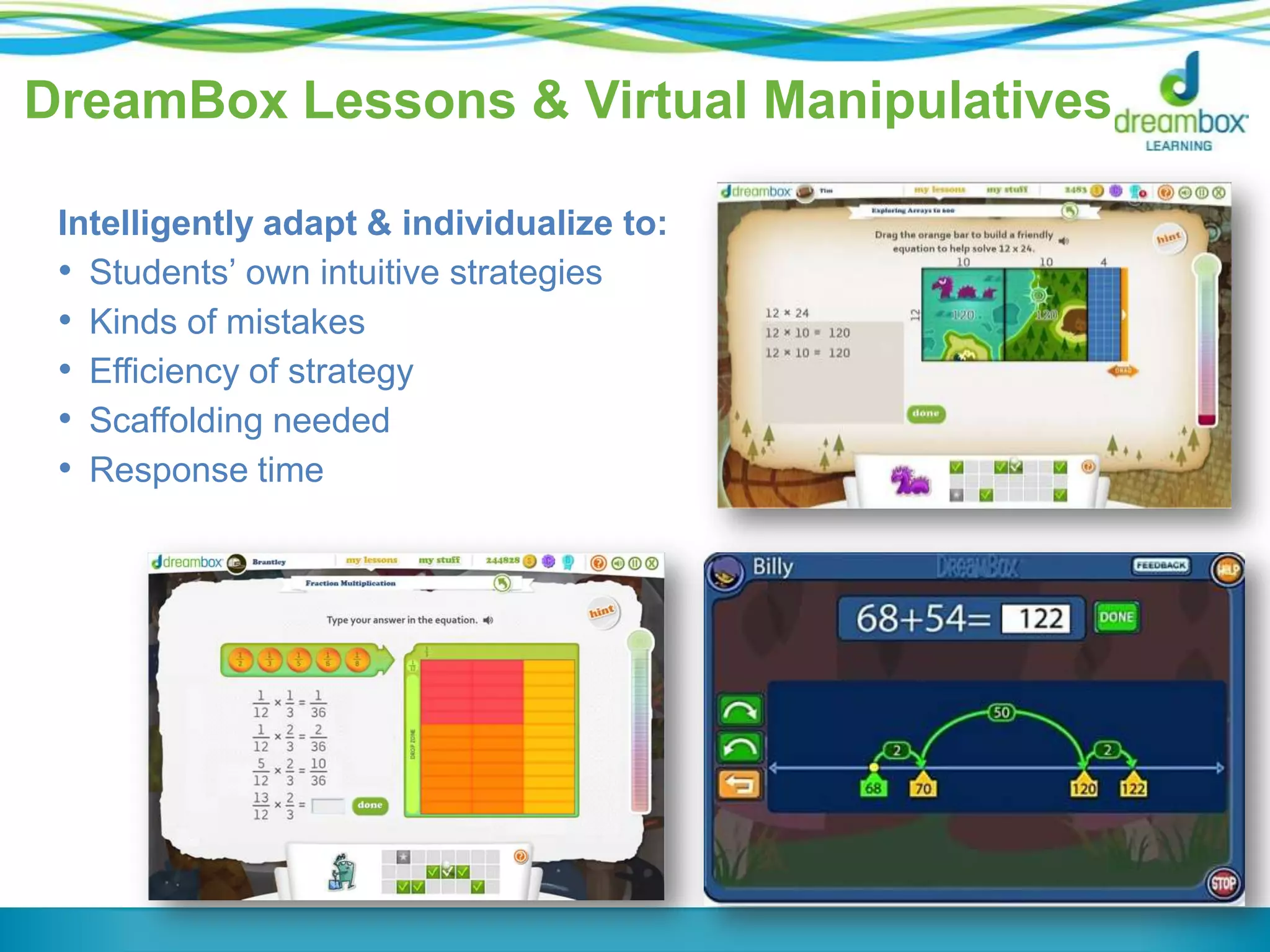 DreamBox Lessons & Virtual Manipulatives
Intelligently adapt & individualize to:
• Students’ own intuitive strategies
• Kinds of mistakes
• Efficiency of strategy
• Scaffolding needed
• Response time

 