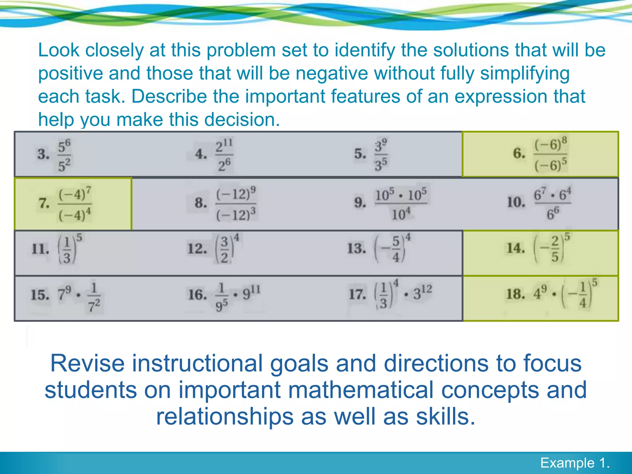 Look closely at this problem set to identify the solutions that will be
positive and those that will be negative without fully simplifying
each task. Describe the important features of an expression that
help you make this decision.

Revise instructional goals and directions to focus
students on important mathematical concepts and
relationships as well as skills.
Example 1.

 