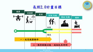 衛生福利部
Ministry of Health and Welfare
長照2.0計畫目標
健康
重病/末期
失智/失能
衰弱
亞健康
臨終
一、延長健康餘命
二、維持剩餘功能、減短臥床時間
未來
現況
4
 