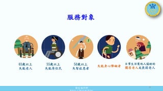 衛生福利部
Ministry of Health and Welfare
65歲以上
失能老人
55歲以上
失能原住民
50歲以上
失智症患者
失能身心障礙者
日常生活需他人協助的
獨居老人或衰弱老人
服務對象
6
 