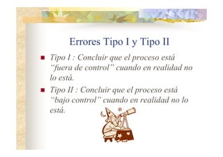 Errores Tipo I y Tipo II
 Tipo I : Concluir que el proceso está
“fuera de control” cuando en realidad no
lo está.
 Tipo II : Concluir que el proceso está
“bajo control” cuando en realidad no lo
está.
 
