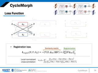 CycleMorph 14
Loss Function
CycleMorph
𝑳𝑳𝑟𝑟𝑟𝑟𝑟𝑟𝑟𝑟𝑟𝑟𝑟𝑟(𝑋𝑋, 𝑌𝑌, 𝐺𝐺𝑋𝑋) = − 𝑇𝑇 𝑋𝑋, 𝜙𝜙𝑋𝑋𝑋𝑋 ⨂𝑌𝑌 + 𝜆𝜆∑ 𝛻𝛻𝜙𝜙𝑋𝑋𝑋𝑋 2
• Registration loss
Similarity metric Regularization
Local normalized
cross-correlation
 