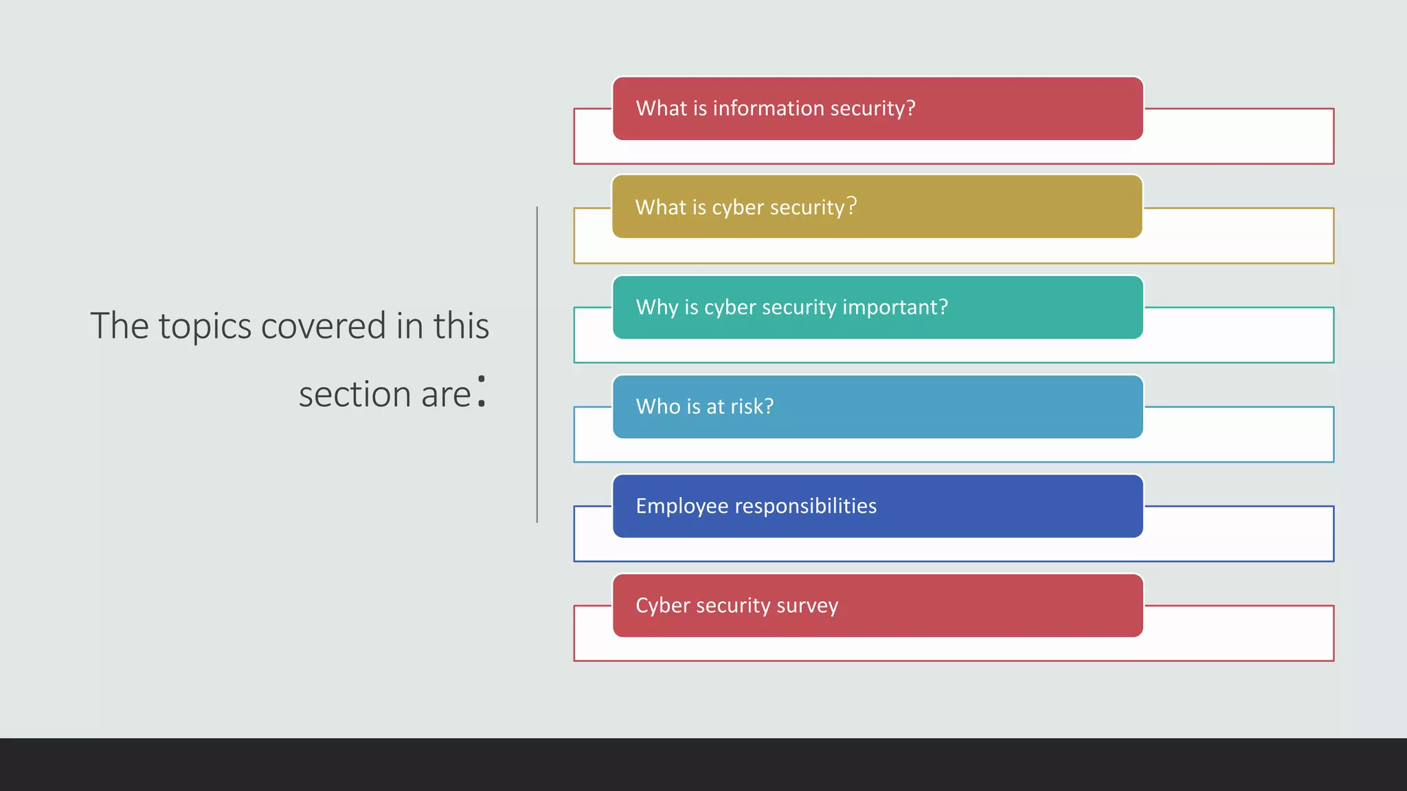 The topics covered in this
section are:
What is information security?
What is cyber security?
Why is cyber security important?
Who is at risk?
Employee responsibilities
Cyber security survey
 