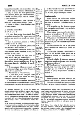 1343 MATEUS 10.25
bre espíritos imundos para os expelir e para
curar toda sorte de doenças e enfermidades.h
2 Ora, os nomes dos doze apóstolos são
estes: primeiro, Simão, por sobrenome Pedro,
e André, seu irmão; Tiago, filho de Zebedeu,
e João, seu irmão;'
3 Filipe e Bartolomeu; Tomé e Mateus, o
publicano; Tiago, filho de Alfeu, e Tadeu;
4 Simão, o Zelote, e Judas Iscariotes, que
foi quem o traiu./
As instruções para os doze
Mc 6.7-11; Lc 9.1-5
5 A estes doze enviou Jesus, dando-lhes
as seguintes instruções: Não tomeis rumo aos
gentios, nem entreis em cidade de samari-
tanos;*
6 mas, de preferência, procurai as ovelhas
perdidas da casa de Israel;'
7 e, à medida que seguirdes, pregai que
está próximo o reino dos céus.™
8 Curai enfermos, ressuscitai mortos, pu­
rificai leprosos, expeli demônios; de graça re­
cebestes, de graça dai."
9 Não vos provereis de ouro, nem de
prata, nem de cobre nos vossos cintos;0
10 nem de alforje para o caminho, nem de
duas túnicas, nem de sandálias, nem de bor­
dão; porque digno é o trabalhador do seu ali-
mentoP.
11 E, em qualquer cidade ou povoado em
que entrardes, indagai quem neles é digno; e
aí ficai até vos retirardes.<
? ‘
12 Ao entrardes na casa, saudai-a;
13 se, com efeito, a casa for digna, venha
sobre ela a vossa paz; se, porém, não o for,
tome para vós outros a vossa paz/
14 Se alguém não vos receber, nem ouvir
as vossas palavras, ao sairdes daquela casa ou
daquela cidade, sacudi o pós dos vossos pés.
to .i
SMc 3.13-14
10.2'|o 1.42
10.4/Lc 6.15;
At 1.13
10.5
*2Rs 17.24;
Jo4.9,20
10.6 'Is 53.6;
Ez 34.5-6,16;
At 13.46;
IPe 2.25
10.7 mMt 3.2
10.8 "At 8.18
10.9 o1Sm 9.7;
U9.3
10.10
f>1Co 9.14;
ITm 5.18
10.11 íLclO.8
10.13 'SI 35.13
10.14 sAt 13.51
10.15
(M tl 1.23-24
"Gn 19.24-28
"(5-15)
Lc 10.1-12
10.16 wtx. 10.3;
1Co 14.20;
Ef 5.15
10.17 *Mt 24.9;
Lc 12.11
10.18 yAt 12.1;
2Tm4.16
10.19 zÊx 4.12;
Mc 13.11-13
10.20
°2Sm 23.2;
2Tm4.17
10.21 6Mq 7.6;
Lc 21.16
10.22
cDn 12.12-13;
Mc 13.13
10.23 9Mt 2.13
10.24 «te 6.40
f)o 13.16; 15.20
15 Em Verdade vos digo que menos ri­
gor' haverá para Sodoma e Gomorra“, no
Dia do Juízo, do que para aquela cidade/
16 Eis que eu vos envio como ovelhas
para o meio de lobos; sede, portanto, pruden­
tes como as serpentes e símplices como as
pombas."'
17 E acautelai-vos dos homens; porque
vos entregarão aos tribunais e vos açoitarão
nas suas sinagogas/
18 por minha causa sereis levados à pre­
sença de governadores e de reis, para lhes
servir de testemunho, a eles e aos gentios/
19 E, quando vos entregarem, não cuideis
em Como ou o que haveis de falar, porque,
naquela hora, vos será concedido o que haveis
de dizer/
20 visto que não sois vós os que falais,
mas o Espírito de vosso Pai, é quem fala
em vós.0
21 Um irmão entregará à morte outro ir­
mão, e o pai, ao filho; filhos haverá que se
levantarão contra os progenitores e- os
matarão/
22 Sereis odiados de todos por causa do
meu nome; aquele, porém, que perseverar até,
ao fim, esse será salvo.c '
23 Quando, porém, vos perseguirem numa
cidade, fugi para outra; porque em verdade
vos digo que não acabareis de percorrer as
cidades de Israel, até que venha o Filho do
H om em /
Os estímulos
24 O discípulo* não está acima do seu
mestre, nem o servo', acima do seu senhor.
25 Basta ao discípulo ser como o seu mes­
tre, e ao servo, como o seu senhor. Se chama-
10.2 Apóstolos. "Enviados", cf 4.18-22n. É a primeira vez
que esta palavra ocorre na Bíblia. A lista dos doze deve ser
comparada com a dos demais evangelhos, e com At 1.13
para se notar diferenças nos nomes e na ordem dos mesmos.
10.9-11 Estes versículos ensinam o servo de Cristo a tomar
uma atitude de fé com a obra missionária, aceitando as condi­
ções de vida que Cristo e a comunidade dos fiéis lhe ofere­
ceram.
10.14 Sacudi o pó. Os judeus, sob o domínio romano, desen­
volveram um costume de afastar, de maneira mais dramática
e completa, qualquer contato com os não judeus, conside­
rando o próprio pó dos seus pés imundo como a putrefação
da morte, jesus ordena que seus apóstolos usem desse cos­
tume para com os próprios judeus, caso necessário, a fim de
causar impacto aos rebeldes e duros de coração. Seriam, por
isso perseguidos, maltratados, presos e interrogados, porém o
Espírito Santo falaria por eles, e o evangelho causaria grande
revolução, até sair-se vitorioso. A obra a ser feita em meio às
perseguições, éra pregar o reino de Deus, confirmando-o
pela cura de enfermos, ressuscitando os mortos, purificando
leprosos, expulsando demônios, e tudo pela graça de
Cristo (5 -8 ).
10.25 Belzebu. Nome antigo de algum ídolo dos cananeus,
que depois se tornou o nome de um demônio principal, ao
qual os fariseus chegaram a atribuir a obra divina e sobrenatu­
ral de jesus, como se vê em 9.34 e 12.24, cf Lc 10.15n.
 