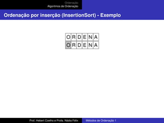 Ordenação
Algoritmos de Ordenação
Ordenação por inserção (InsertionSort) - Exemplo
O R D E N A
O R D E N A
Prof. Hebert Coelho e Profa. Nádia Félix Métodos de Ordenação 1
 