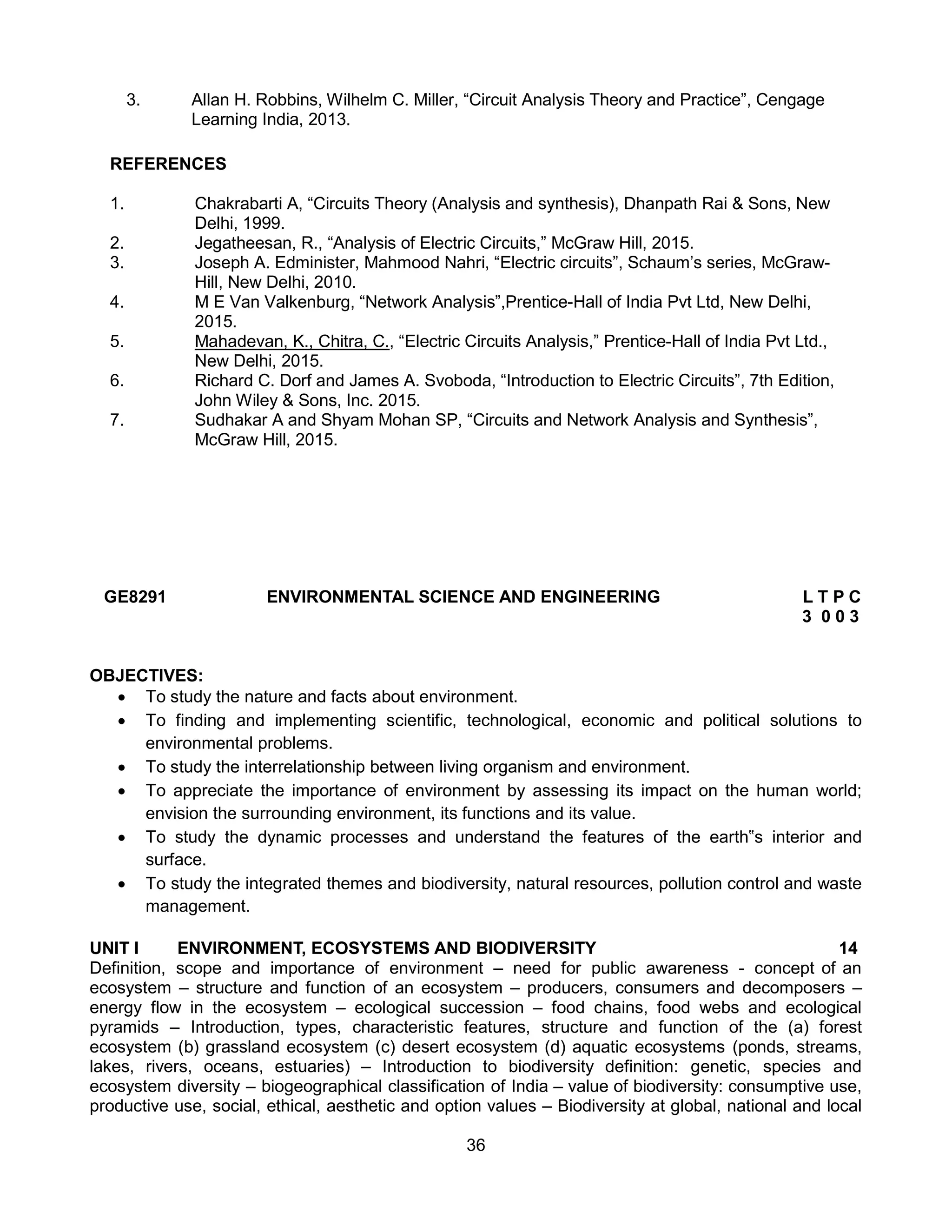 36
3. Allan H. Robbins, Wilhelm C. Miller, “Circuit Analysis Theory and Practice”, Cengage
Learning India, 2013.
REFERENCES
1. Chakrabarti A, “Circuits Theory (Analysis and synthesis), Dhanpath Rai & Sons, New
Delhi, 1999.
2. Jegatheesan, R., “Analysis of Electric Circuits,” McGraw Hill, 2015.
3. Joseph A. Edminister, Mahmood Nahri, “Electric circuits”, Schaum’s series, McGraw-
Hill, New Delhi, 2010.
4. M E Van Valkenburg, “Network Analysis”,Prentice-Hall of India Pvt Ltd, New Delhi,
2015.
5. Mahadevan, K., Chitra, C., “Electric Circuits Analysis,” Prentice-Hall of India Pvt Ltd.,
New Delhi, 2015.
6. Richard C. Dorf and James A. Svoboda, “Introduction to Electric Circuits”, 7th Edition,
John Wiley & Sons, Inc. 2015.
7. Sudhakar A and Shyam Mohan SP, “Circuits and Network Analysis and Synthesis”,
McGraw Hill, 2015.
GE8291 ENVIRONMENTAL SCIENCE AND ENGINEERING L T P C
3 0 0 3
OBJECTIVES:
 To study the nature and facts about environment.
 To finding and implementing scientific, technological, economic and political solutions to
environmental problems.
 To study the interrelationship between living organism and environment.
 To appreciate the importance of environment by assessing its impact on the human world;
envision the surrounding environment, its functions and its value.
 To study the dynamic processes and understand the features of the earth‟s interior and
surface.
 To study the integrated themes and biodiversity, natural resources, pollution control and waste
management.
UNIT I ENVIRONMENT, ECOSYSTEMS AND BIODIVERSITY 14
Definition, scope and importance of environment – need for public awareness - concept of an
ecosystem – structure and function of an ecosystem – producers, consumers and decomposers –
energy flow in the ecosystem – ecological succession – food chains, food webs and ecological
pyramids – Introduction, types, characteristic features, structure and function of the (a) forest
ecosystem (b) grassland ecosystem (c) desert ecosystem (d) aquatic ecosystems (ponds, streams,
lakes, rivers, oceans, estuaries) – Introduction to biodiversity definition: genetic, species and
ecosystem diversity – biogeographical classification of India – value of biodiversity: consumptive use,
productive use, social, ethical, aesthetic and option values – Biodiversity at global, national and local
 