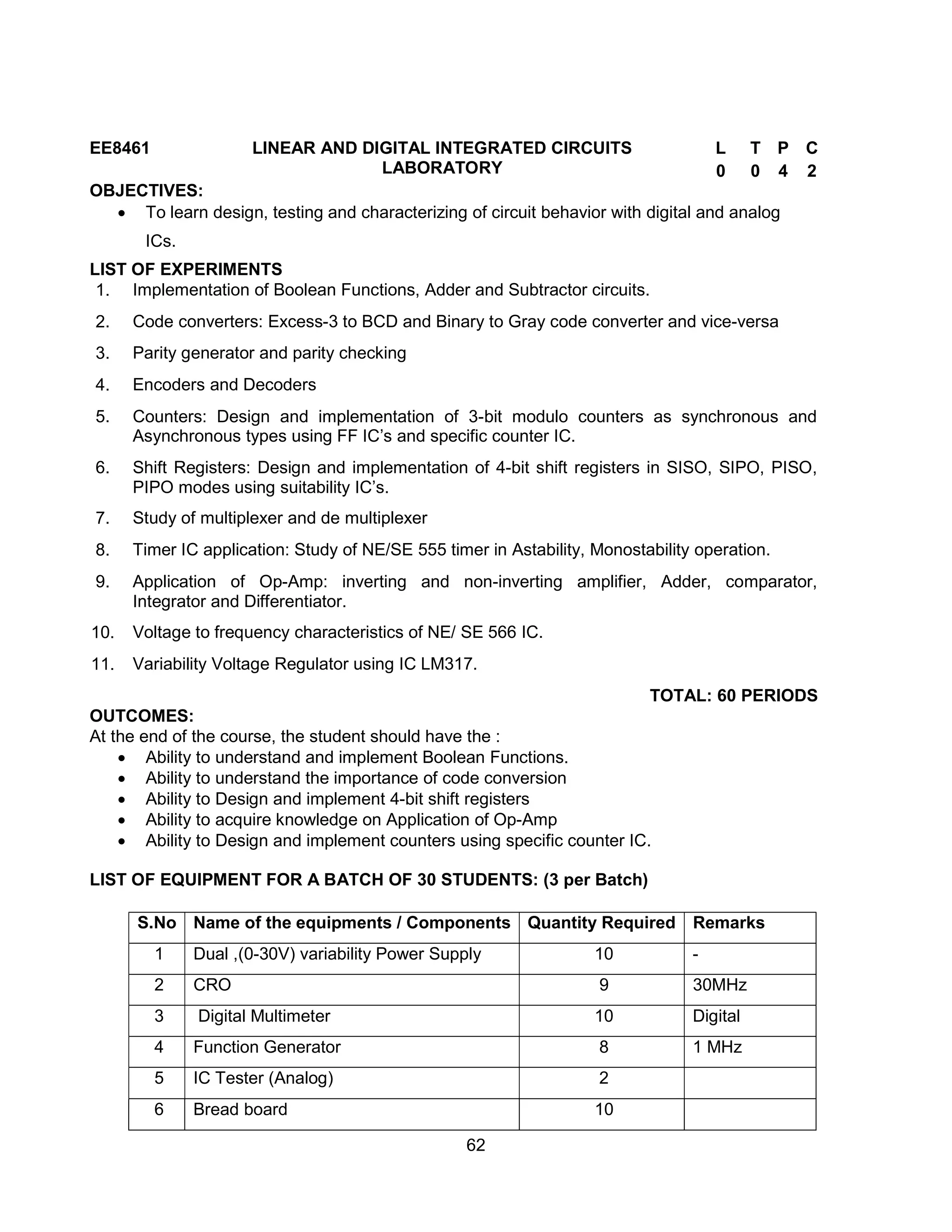 62
EE8461 LINEAR AND DIGITAL INTEGRATED CIRCUITS
LABORATORY
L T P C
0 0 4 2
OBJECTIVES:
 To learn design, testing and characterizing of circuit behavior with digital and analog
ICs.
LIST OF EXPERIMENTS
1. Implementation of Boolean Functions, Adder and Subtractor circuits.
2. Code converters: Excess-3 to BCD and Binary to Gray code converter and vice-versa
3. Parity generator and parity checking
4. Encoders and Decoders
5. Counters: Design and implementation of 3-bit modulo counters as synchronous and
Asynchronous types using FF IC’s and specific counter IC.
6. Shift Registers: Design and implementation of 4-bit shift registers in SISO, SIPO, PISO,
PIPO modes using suitability IC’s.
7. Study of multiplexer and de multiplexer
8. Timer IC application: Study of NE/SE 555 timer in Astability, Monostability operation.
9. Application of Op-Amp: inverting and non-inverting amplifier, Adder, comparator,
Integrator and Differentiator.
10. Voltage to frequency characteristics of NE/ SE 566 IC.
11. Variability Voltage Regulator using IC LM317.
TOTAL: 60 PERIODS
OUTCOMES:
At the end of the course, the student should have the :
 Ability to understand and implement Boolean Functions.
 Ability to understand the importance of code conversion
 Ability to Design and implement 4-bit shift registers
 Ability to acquire knowledge on Application of Op-Amp
 Ability to Design and implement counters using specific counter IC.
LIST OF EQUIPMENT FOR A BATCH OF 30 STUDENTS: (3 per Batch)
S.No Name of the equipments / Components Quantity Required Remarks
1 Dual ,(0-30V) variability Power Supply 10 -
2 CRO 9 30MHz
3 Digital Multimeter 10 Digital
4 Function Generator 8 1 MHz
5 IC Tester (Analog) 2
6 Bread board 10
 