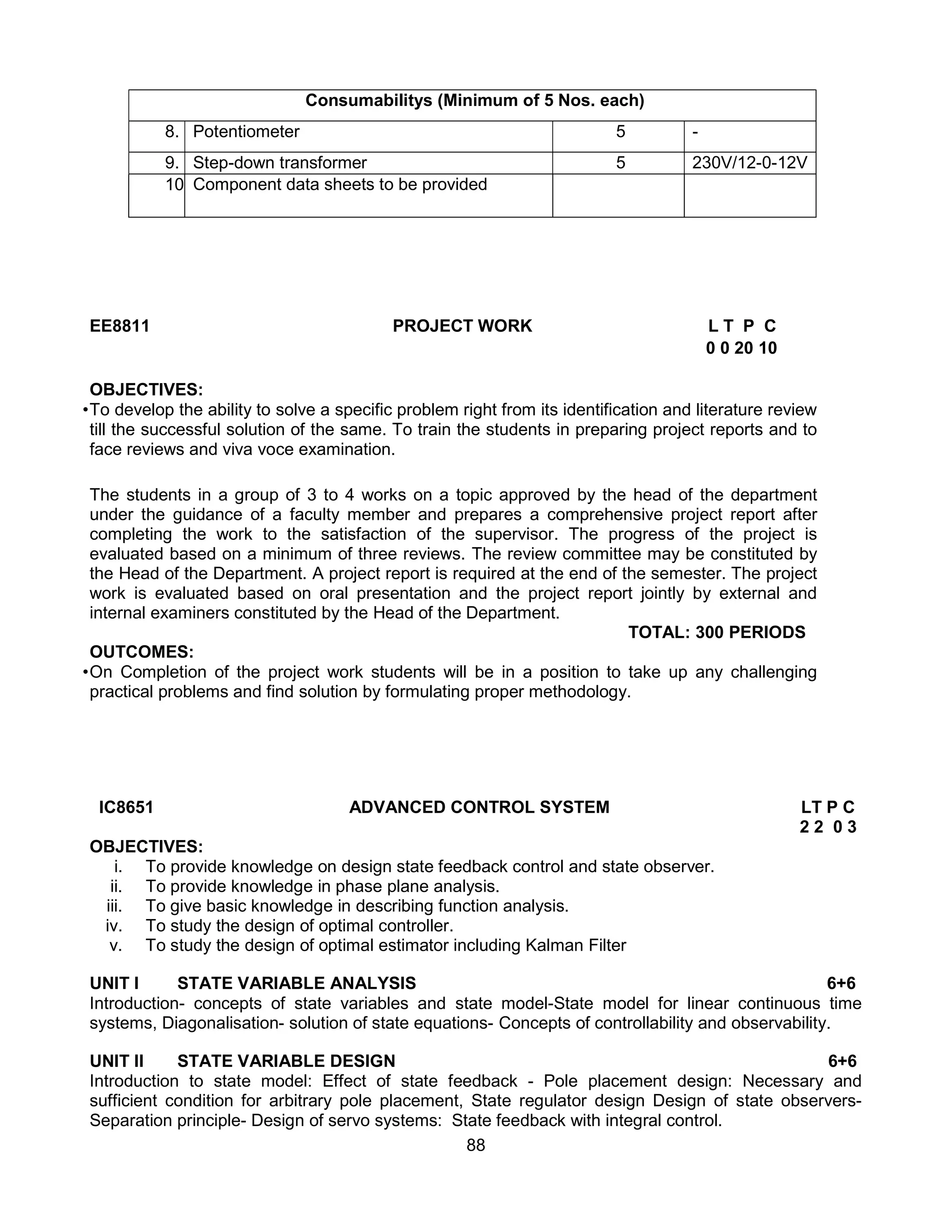 88
Consumabilitys (Minimum of 5 Nos. each)
8. Potentiometer 5 -
9. Step-down transformer 5 230V/12-0-12V
10. Component data sheets to be provided
EE8811 PROJECT WORK L T P C
0 0 20 10
OBJECTIVES:
•To develop the ability to solve a specific problem right from its identification and literature review
till the successful solution of the same. To train the students in preparing project reports and to
face reviews and viva voce examination.
The students in a group of 3 to 4 works on a topic approved by the head of the department
under the guidance of a faculty member and prepares a comprehensive project report after
completing the work to the satisfaction of the supervisor. The progress of the project is
evaluated based on a minimum of three reviews. The review committee may be constituted by
the Head of the Department. A project report is required at the end of the semester. The project
work is evaluated based on oral presentation and the project report jointly by external and
internal examiners constituted by the Head of the Department.
TOTAL: 300 PERIODS
OUTCOMES:
•On Completion of the project work students will be in a position to take up any challenging
practical problems and find solution by formulating proper methodology.
IC8651 ADVANCED CONTROL SYSTEM LT P C
2 2 0 3
OBJECTIVES:
i. To provide knowledge on design state feedback control and state observer.
ii. To provide knowledge in phase plane analysis.
iii. To give basic knowledge in describing function analysis.
iv. To study the design of optimal controller.
v. To study the design of optimal estimator including Kalman Filter
UNIT I STATE VARIABLE ANALYSIS 6+6
Introduction- concepts of state variables and state model-State model for linear continuous time
systems, Diagonalisation- solution of state equations- Concepts of controllability and observability.
UNIT II STATE VARIABLE DESIGN 6+6
Introduction to state model: Effect of state feedback - Pole placement design: Necessary and
sufficient condition for arbitrary pole placement, State regulator design Design of state observers-
Separation principle- Design of servo systems: State feedback with integral control.
 