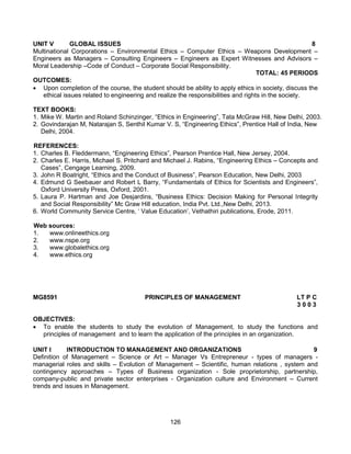 126
UNIT V GLOBAL ISSUES 8
Multinational Corporations – Environmental Ethics – Computer Ethics – Weapons Development –
Engineers as Managers – Consulting Engineers – Engineers as Expert Witnesses and Advisors –
Moral Leadership –Code of Conduct – Corporate Social Responsibility.
TOTAL: 45 PERIODS
OUTCOMES:
 Upon completion of the course, the student should be ability to apply ethics in society, discuss the
ethical issues related to engineering and realize the responsibilities and rights in the society.
TEXT BOOKS:
1. Mike W. Martin and Roland Schinzinger, “Ethics in Engineering”, Tata McGraw Hill, New Delhi, 2003.
2. Govindarajan M, Natarajan S, Senthil Kumar V. S, “Engineering Ethics”, Prentice Hall of India, New
Delhi, 2004.
REFERENCES:
1. Charles B. Fleddermann, “Engineering Ethics”, Pearson Prentice Hall, New Jersey, 2004.
2. Charles E. Harris, Michael S. Pritchard and Michael J. Rabins, “Engineering Ethics – Concepts and
Cases”, Cengage Learning, 2009.
3. John R Boatright, “Ethics and the Conduct of Business”, Pearson Education, New Delhi, 2003
4. Edmund G Seebauer and Robert L Barry, “Fundamentals of Ethics for Scientists and Engineers”,
Oxford University Press, Oxford, 2001.
5. Laura P. Hartman and Joe Desjardins, “Business Ethics: Decision Making for Personal Integrity
and Social Responsibility” Mc Graw Hill education, India Pvt. Ltd.,New Delhi, 2013.
6. World Community Service Centre, ‘ Value Education’, Vethathiri publications, Erode, 2011.
Web sources:
1. www.onlineethics.org
2. www.nspe.org
3. www.globalethics.org
4. www.ethics.org
MG8591 PRINCIPLES OF MANAGEMENT LT P C
3 0 0 3
OBJECTIVES:
 To enable the students to study the evolution of Management, to study the functions and
principles of management and to learn the application of the principles in an organization.
UNIT I INTRODUCTION TO MANAGEMENT AND ORGANIZATIONS 9
Definition of Management – Science or Art – Manager Vs Entrepreneur - types of managers -
managerial roles and skills – Evolution of Management – Scientific, human relations , system and
contingency approaches – Types of Business organization - Sole proprietorship, partnership,
company-public and private sector enterprises - Organization culture and Environment – Current
trends and issues in Management.
 
