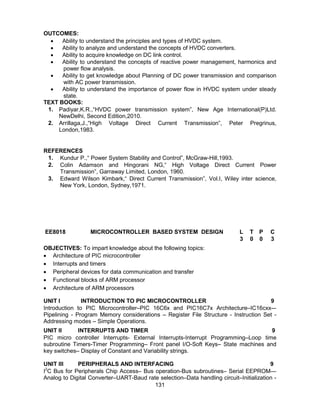131
OUTCOMES:
 Ability to understand the principles and types of HVDC system.
 Ability to analyze and understand the concepts of HVDC converters.
 Ability to acquire knowledge on DC link control.
 Ability to understand the concepts of reactive power management, harmonics and
power flow analysis.
 Ability to get knowledge about Planning of DC power transmission and comparison
with AC power transmission.
 Ability to understand the importance of power flow in HVDC system under steady
state.
TEXT BOOKS:
1. Padiyar,K.R.,“HVDC power transmission system”, New Age International(P)Ltd.
NewDelhi, Second Edition,2010.
2. Arrillaga,J.,“High Voltage Direct Current Transmission”, Peter Pregrinus,
London,1983.
REFERENCES
1. Kundur P.,“ Power System Stability and Control”, McGraw-Hill,1993.
2. Colin Adamson and Hingorani NG,“ High Voltage Direct Current Power
Transmission”, Garraway Limited, London, 1960.
3. Edward Wilson Kimbark,“ Direct Current Transmission”, Vol.I, Wiley inter science,
New York, London, Sydney,1971.
EE8018 MICROCONTROLLER BASED SYSTEM DESIGN L T P C
3 0 0 3
OBJECTIVES: To impart knowledge about the following topics:
 Architecture of PIC microcontroller
 Interrupts and timers
 Peripheral devices for data communication and transfer
 Functional blocks of ARM processor
 Architecture of ARM processors
UNIT I INTRODUCTION TO PIC MICROCONTROLLER 9
Introduction to PIC Microcontroller–PIC 16C6x and PIC16C7x Architecture–IC16cxx–-
Pipelining - Program Memory considerations – Register File Structure - Instruction Set -
Addressing modes – Simple Operations.
UNIT II INTERRUPTS AND TIMER 9
PIC micro controller Interrupts- External Interrupts-Interrupt Programming–Loop time
subroutine Timers-Timer Programming– Front panel I/O-Soft Keys– State machines and
key switches– Display of Constant and Variability strings.
UNIT III PERIPHERALS AND INTERFACING 9
I2
C Bus for Peripherals Chip Access– Bus operation-Bus subroutines– Serial EEPROM—
Analog to Digital Converter–UART-Baud rate selection–Data handling circuit–Initialization -
 