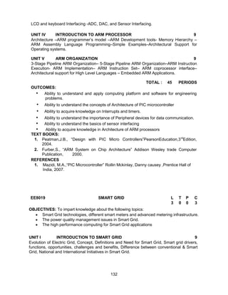 132
LCD and keyboard Interfacing -ADC, DAC, and Sensor Interfacing.
UNIT IV INTRODUCTION TO ARM PROCESSOR 9
Architecture –ARM programmer’s model –ARM Development tools- Memory Hierarchy –
ARM Assembly Language Programming–Simple Examples–Architectural Support for
Operating systems.
UNIT V ARM ORGANIZATION 9
3-Stage Pipeline ARM Organization– 5-Stage Pipeline ARM Organization–ARM Instruction
Execution- ARM Implementation– ARM Instruction Set– ARM coprocessor interface–
Architectural support for High Level Languages – Embedded ARM Applications.
TOTAL : 45 PERIODS
OUTCOMES:
• Ability to understand and apply computing platform and software for engineering
problems.
• Ability to understand the concepts of Architecture of PIC microcontroller
• Ability to acquire knowledge on Interrupts and timers.
• Ability to understand the importance of Peripheral devices for data communication.
• Ability to understand the basics of sensor interfacing
• Ability to acquire knowledge in Architecture of ARM processors
TEXT BOOKS:
1. Peatman,J.B., “Design with PIC Micro Controllers”PearsonEducation,3rd
Edition,
2004.
2. Furber,S., “ARM System on Chip Architecture” Addison Wesley trade Computer
Publication, 2000.
REFERENCES
1. Mazidi, M.A.,“PIC Microcontroller” Rollin Mckinlay, Danny causey ,Prentice Hall of
India, 2007.
EE8019 SMART GRID L T P C
3 0 0 3
OBJECTIVES: To impart knowledge about the following topics:
 Smart Grid technologies, different smart meters and advanced metering infrastructure.
 The power quality management issues in Smart Grid.
 The high performance computing for Smart Grid applications
UNIT I INTRODUCTION TO SMART GRID 9
Evolution of Electric Grid, Concept, Definitions and Need for Smart Grid, Smart grid drivers,
functions, opportunities, challenges and benefits, Difference between conventional & Smart
Grid, National and International Initiatives in Smart Grid.
 