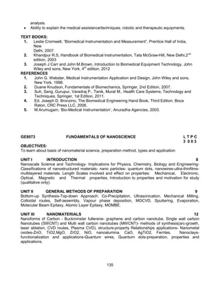135
GE8073 FUNDAMENTALS OF NANOSCIENCE L T P C
3 0 0 3
OBJECTIVES:
To learn about basis of nanomaterial science, preparation method, types and application
UNIT I INTRODUCTION 8
Nanoscale Science and Technology- Implications for Physics, Chemistry, Biology and Engineering-
Classifications of nanostructured materials- nano particles- quantum dots, nanowires-ultra-thinfilms-
multilayered materials. Length Scales involved and effect on properties: Mechanical, Electronic,
Optical, Magnetic and Thermal properties. Introduction to properties and motivation for study
(qualitative only).
UNIT II GENERAL METHODS OF PREPARATION 9
Bottom-up Synthesis-Top-down Approach: Co-Precipitation, Ultrasonication, Mechanical Milling,
Colloidal routes, Self-assembly, Vapour phase deposition, MOCVD, Sputtering, Evaporation,
Molecular Beam Epitaxy, Atomic Layer Epitaxy, MOMBE.
UNIT III NANOMATERIALS 12
Nanoforms of Carbon - Buckminster fullerene- graphene and carbon nanotube, Single wall carbon
Nanotubes (SWCNT) and Multi wall carbon nanotubes (MWCNT)- methods of synthesis(arc-growth,
laser ablation, CVD routes, Plasma CVD), structure-property Relationships applications- Nanometal
oxides-ZnO, TiO2,MgO, ZrO2, NiO, nanoalumina, CaO, AgTiO2, Ferrites, Nanoclays-
functionalization and applications-Quantum wires, Quantum dots-preparation, properties and
applications.
analysis.
 Ability to explain the medical assistance/techniques, robotic and therapeutic equipments.
TEXT BOOKS:
1. Leslie Cromwell, “Biomedical Instrumentation and Measurement”, Prentice Hall of India,
New
Delhi, 2007.
2. Khandpur R.S, Handbook of Biomedical Instrumentation, Tata McGraw-Hill, New Delhi,2nd
edition, 2003
3. Joseph J Carr and John M.Brown, Introduction to Biomedical Equipment Technology, John
Wiley and sons, New York, 4th
edition, 2012
REFERENCES
1. John G. Webster, Medical Instrumentation Application and Design, John Wiley and sons,
New York, 1998.
2. Duane Knudson, Fundamentals of Biomechanics, Springer, 2nd Edition, 2007.
3. Suh, Sang, Gurupur, Varadraj P., Tanik, Murat M., Health Care Systems, Technology and
Techniques, Springer, 1st Edition, 2011.
4. Ed. Joseph D. Bronzino, The Biomedical Engineering Hand Book, Third Edition, Boca
Raton, CRC Press LLC, 2006.
5. M.Arumugam, ‘Bio-Medical Instrumentation’, Anuradha Agencies, 2003.
 