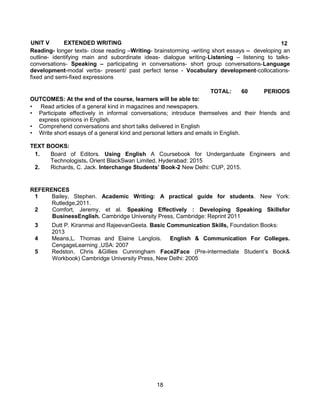 18
UNIT V EXTENDED WRITING 12
Reading- longer texts- close reading –Writing- brainstorming -writing short essays – developing an
outline- identifying main and subordinate ideas- dialogue writing-Listening – listening to talks-
conversations- Speaking – participating in conversations- short group conversations-Language
development-modal verbs- present/ past perfect tense - Vocabulary development-collocations-
fixed and semi-fixed expressions
TOTAL: 60 PERIODS
OUTCOMES: At the end of the course, learners will be able to:
• Read articles of a general kind in magazines and newspapers.
• Participate effectively in informal conversations; introduce themselves and their friends and
express opinions in English.
• Comprehend conversations and short talks delivered in English
• Write short essays of a general kind and personal letters and emails in English.
TEXT BOOKS:
1. Board of Editors. Using English A Coursebook for Undergarduate Engineers and
Technologists. Orient BlackSwan Limited, Hyderabad: 2015
2. Richards, C. Jack. Interchange Students’ Book-2 New Delhi: CUP, 2015.
REFERENCES
1 Bailey, Stephen. Academic Writing: A practical guide for students. New York:
Rutledge,2011.
2 Comfort, Jeremy, et al. Speaking Effectively : Developing Speaking Skillsfor
BusinessEnglish. Cambridge University Press, Cambridge: Reprint 2011
3 Dutt P. Kiranmai and RajeevanGeeta. Basic Communication Skills, Foundation Books:
2013
4 Means,L. Thomas and Elaine Langlois. English & Communication For Colleges.
CengageLearning ,USA: 2007
5 Redston, Chris &Gillies Cunningham Face2Face (Pre-intermediate Student’s Book&
Workbook) Cambridge University Press, New Delhi: 2005
 