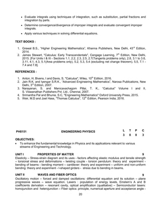 20
 Evaluate integrals using techniques of integration, such as substitution, partial fractions and
integration by parts.
 Determine convergence/divergence of improper integrals and evaluate convergent improper
integrals.
 Apply various techniques in solving differential equations.
TEXT BOOKS :
1. Grewal B.S., “Higher Engineering Mathematics”, Khanna Publishers, New Delhi, 43rd
Edition,
2014.
2. James Stewart, "Calculus: Early Transcendentals", Cengage Learning, 7th
Edition, New Delhi,
2015. [For Units I & III - Sections 1.1, 2.2, 2.3, 2.5, 2.7(Tangents problems only), 2.8, 3.1 to 3.6,
3.11, 4.1, 4.3, 5.1(Area problems only), 5.2, 5.3, 5.4 (excluding net change theorem), 5.5, 7.1 -
7.4 and 7.8].
REFERENCES :
1. Anton, H, Bivens, I and Davis, S, "Calculus", Wiley, 10th
Edition, 2016.
2. Jain R.K. and Iyengar S.R.K., “Advanced Engineering Mathematics”, Narosa Publications, New
Delhi, 3rd
Edition, 2007.
3. Narayanan, S. and Manicavachagom Pillai, T. K., “Calculus" Volume I and II,
S. Viswanathan Publishers Pvt. Ltd., Chennai, 2007.
4. Srimantha Pal and Bhunia, S.C, "Engineering Mathematics" Oxford University Press, 2015.
5. Weir, M.D and Joel Hass, "Thomas Calculus", 12th
Edition, Pearson India, 2016.
PH8151 ENGINEERING PHYSICS L T P C
3 0 0 3
OBJECTIVES:
 To enhance the fundamental knowledge in Physics and its applications relevant to various
streams of Engineering and Technology.
UNIT I PROPERTIES OF MATTER 9
Elasticity – Stress-strain diagram and its uses - factors affecting elastic modulus and tensile strength
– torsional stress and deformations – twisting couple - torsion pendulum: theory and experiment -
bending of beams - bending moment – cantilever: theory and experiment – uniform and non-uniform
bending: theory and experiment - I-shaped girders - stress due to bending in beams.
UNIT II WAVES AND FIBER OPTICS 9
Oscillatory motion – forced and damped oscillations: differential equation and its solution – plane
progressive waves – wave equation. Lasers : population of energy levels, Einstein’s A and B
coefficients derivation – resonant cavity, optical amplification (qualitative) – Semiconductor lasers:
homojunction and heterojunction – Fiber optics: principle, numerical aperture and acceptance angle -
 