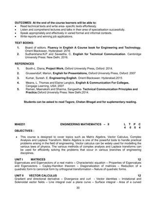 30
OUTCOMES: At the end of the course learners will be able to:
 Read technical texts and write area- specific texts effortlessly.
 Listen and comprehend lectures and talks in their area of specialisation successfully.
 Speak appropriately and effectively in varied formal and informal contexts.
 Write reports and winning job applications.
TEXT BOOKS:
1. Board of editors. Fluency in English A Course book for Engineering and Technology.
Orient Blackswan, Hyderabad: 2016
2. Sudharshana.N.P and Saveetha. C. English for Technical Communication. Cambridge
University Press: New Delhi, 2016.
REFERENCES
1. Booth-L. Diana, Project Work, Oxford University Press, Oxford: 2014.
2. Grussendorf, Marion, English for Presentations, Oxford University Press, Oxford: 2007
3. Kumar, Suresh. E. Engineering English. Orient Blackswan: Hyderabad,2015
4. Means, L. Thomas and Elaine Langlois, English & Communication For Colleges.
Cengage Learning, USA: 2007
5. Raman, Meenakshi and Sharma, Sangeetha- Technical Communication Principles and
Practice.Oxford University Press: New Delhi,2014.
Students can be asked to read Tagore, Chetan Bhagat and for suplementary reading.
MA8251 ENGINEERING MATHEMATICS – II L T P C
4 0 0 4
OBJECTIVES :
 This course is designed to cover topics such as Matrix Algebra, Vector Calculus, Complex
Analysis and Laplace Transform. Matrix Algebra is one of the powerful tools to handle practical
problems arising in the field of engineering. Vector calculus can be widely used for modelling the
various laws of physics. The various methods of complex analysis and Laplace transforms can
be used for efficiently solving the problems that occur in various branches of engineering
disciplines.
UNIT I MATRICES 12
Eigenvalues and Eigenvectors of a real matrix – Characteristic equation – Properties of Eigenvalues
and Eigenvectors – Cayley-Hamilton theorem – Diagonalization of matrices – Reduction of a
quadratic form to canonical form by orthogonal transformation – Nature of quadratic forms.
UNIT II VECTOR CALCULUS 12
Gradient and directional derivative – Divergence and curl - Vector identities – Irrotational and
Solenoidal vector fields – Line integral over a plane curve – Surface integral - Area of a curved
 