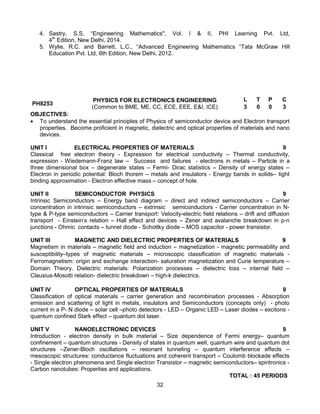32
4. Sastry, S.S, “Engineering Mathematics", Vol. I & II, PHI Learning Pvt. Ltd,
4th
Edition, New Delhi, 2014.
5. Wylie, R.C. and Barrett, L.C., “Advanced Engineering Mathematics “Tata McGraw Hill
Education Pvt. Ltd, 6th Edition, New Delhi, 2012.
PH8253
PHYSICS FOR ELECTRONICS ENGINEERING
(Common to BME, ME, CC, ECE, EEE, E&I, ICE)
L T P C
3 0 0 3
OBJECTIVES:
 To understand the essential principles of Physics of semiconductor device and Electron transport
properties. Become proficient in magnetic, dielectric and optical properties of materials and nano
devices.
UNIT I ELECTRICAL PROPERTIES OF MATERIALS 9
Classical free electron theory - Expression for electrical conductivity – Thermal conductivity,
expression - Wiedemann-Franz law – Success and failures - electrons in metals – Particle in a
three dimensional box – degenerate states – Fermi- Dirac statistics – Density of energy states –
Electron in periodic potential: Bloch thorem – metals and insulators - Energy bands in solids– tight
binding approximation - Electron effective mass – concept of hole.
UNIT II SEMICONDUCTOR PHYSICS 9
Intrinsic Semiconductors – Energy band diagram – direct and indirect semiconductors – Carrier
concentration in intrinsic semiconductors – extrinsic semiconductors - Carrier concentration in N-
type & P-type semiconductors – Carrier transport: Velocity-electric field relations – drift and diffusion
transport - Einstein’s relation – Hall effect and devices – Zener and avalanche breakdown in p-n
junctions - Ohmic contacts – tunnel diode - Schottky diode – MOS capacitor - power transistor.
UNIT III MAGNETIC AND DIELECTRIC PROPERTIES OF MATERIALS 9
Magnetism in materials – magnetic field and induction – magnetization - magnetic permeability and
susceptibility–types of magnetic materials – microscopic classification of magnetic materials -
Ferromagnetism: origin and exchange interaction- saturation magnetization and Curie temperature –
Domain Theory. Dielectric materials: Polarization processes – dielectric loss – internal field –
Clausius-Mosotti relation- dielectric breakdown – high-k dielectrics.
UNIT IV OPTICAL PROPERTIES OF MATERIALS 9
Classification of optical materials – carrier generation and recombination processes - Absorption
emission and scattering of light in metals, insulators and Semiconductors (concepts only) - photo
current in a P- N diode – solar cell –photo detectors - LED – Organic LED – Laser diodes – excitons -
quantum confined Stark effect – quantum dot laser.
UNIT V NANOELECTRONIC DEVICES 9
Introduction - electron density in bulk material – Size dependence of Fermi energy– quantum
confinement – quantum structures - Density of states in quantum well, quantum wire and quantum dot
structures –Zener-Bloch oscillations – resonant tunneling – quantum interference effects –
mesoscopic structures: conductance fluctuations and coherent transport – Coulomb blockade effects
- Single electron phenomena and Single electron Transistor – magnetic semiconductors– spintronics -
Carbon nanotubes: Properties and applications.
TOTAL : 45 PERIODS
 