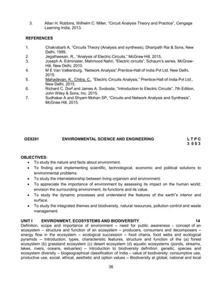 36
3. Allan H. Robbins, Wilhelm C. Miller, “Circuit Analysis Theory and Practice”, Cengage
Learning India, 2013.
REFERENCES
1. Chakrabarti A, “Circuits Theory (Analysis and synthesis), Dhanpath Rai & Sons, New
Delhi, 1999.
2. Jegatheesan, R., “Analysis of Electric Circuits,” McGraw Hill, 2015.
3. Joseph A. Edminister, Mahmood Nahri, “Electric circuits”, Schaum’s series, McGraw-
Hill, New Delhi, 2010.
4. M E Van Valkenburg, “Network Analysis”,Prentice-Hall of India Pvt Ltd, New Delhi,
2015.
5. Mahadevan, K., Chitra, C., “Electric Circuits Analysis,” Prentice-Hall of India Pvt Ltd.,
New Delhi, 2015.
6. Richard C. Dorf and James A. Svoboda, “Introduction to Electric Circuits”, 7th Edition,
John Wiley & Sons, Inc. 2015.
7. Sudhakar A and Shyam Mohan SP, “Circuits and Network Analysis and Synthesis”,
McGraw Hill, 2015.
GE8291 ENVIRONMENTAL SCIENCE AND ENGINEERING L T P C
3 0 0 3
OBJECTIVES:
 To study the nature and facts about environment.
 To finding and implementing scientific, technological, economic and political solutions to
environmental problems.
 To study the interrelationship between living organism and environment.
 To appreciate the importance of environment by assessing its impact on the human world;
envision the surrounding environment, its functions and its value.
 To study the dynamic processes and understand the features of the earth‟s interior and
surface.
 To study the integrated themes and biodiversity, natural resources, pollution control and waste
management.
UNIT I ENVIRONMENT, ECOSYSTEMS AND BIODIVERSITY 14
Definition, scope and importance of environment – need for public awareness - concept of an
ecosystem – structure and function of an ecosystem – producers, consumers and decomposers –
energy flow in the ecosystem – ecological succession – food chains, food webs and ecological
pyramids – Introduction, types, characteristic features, structure and function of the (a) forest
ecosystem (b) grassland ecosystem (c) desert ecosystem (d) aquatic ecosystems (ponds, streams,
lakes, rivers, oceans, estuaries) – Introduction to biodiversity definition: genetic, species and
ecosystem diversity – biogeographical classification of India – value of biodiversity: consumptive use,
productive use, social, ethical, aesthetic and option values – Biodiversity at global, national and local
 