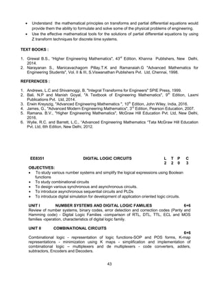 43
 Understand the mathematical principles on transforms and partial differential equations would
provide them the ability to formulate and solve some of the physical problems of engineering.
 Use the effective mathematical tools for the solutions of partial differential equations by using
Z transform techniques for discrete time systems.
TEXT BOOKS :
1. Grewal B.S., “Higher Engineering Mathematics", 43rd
Edition, Khanna Publishers, New Delhi,
2014.
2. Narayanan S., Manicavachagom Pillay.T.K and Ramanaiah.G "Advanced Mathematics for
Engineering Students", Vol. II & III, S.Viswanathan Publishers Pvt. Ltd, Chennai, 1998.
REFERENCES :
1. Andrews, L.C and Shivamoggi, B, "Integral Transforms for Engineers" SPIE Press, 1999.
2. Bali. N.P and Manish Goyal, "A Textbook of Engineering Mathematics", 9th
Edition, Laxmi
Publications Pvt. Ltd, 2014.
3. Erwin Kreyszig, "Advanced Engineering Mathematics ", 10th
Edition, John Wiley, India, 2016.
4. James, G., "Advanced Modern Engineering Mathematics", 3rd
Edition, Pearson Education, 2007.
5. Ramana. B.V., "Higher Engineering Mathematics", McGraw Hill Education Pvt. Ltd, New Delhi,
2016.
6. Wylie, R.C. and Barrett, L.C., “Advanced Engineering Mathematics “Tata McGraw Hill Education
Pvt. Ltd, 6th Edition, New Delhi, 2012.
EE8351 DIGITAL LOGIC CIRCUITS L T P C
2 2 0 3
OBJECTIVES:
 To study various number systems and simplify the logical expressions using Boolean
functions
 To study combinational circuits
 To design various synchronous and asynchronous circuits.
 To introduce asynchronous sequential circuits and PLDs
 To introduce digital simulation for development of application oriented logic circuits.
UNIT I NUMBER SYSTEMS AND DIGITAL LOGIC FAMILIES 6+6
Review of number systems, binary codes, error detection and correction codes (Parity and
Hamming code) - Digital Logic Families -comparison of RTL, DTL, TTL, ECL and MOS
families -operation, characteristics of digital logic family.
UNIT II COMBINATIONAL CIRCUITS
6+6
Combinational logic - representation of logic functions-SOP and POS forms, K-map
representations - minimization using K maps - simplification and implementation of
combinational logic – multiplexers and de multiplexers - code converters, adders,
subtractors, Encoders and Decoders.
 