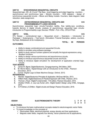 44
UNIT III SYNCHRONOUS SEQUENTIAL CIRCUITS 6+6
Sequential logic- SR, JK, D and T flip flops - level triggering and edge triggering - counters -
asynchronous and synchronous type - Modulo counters - Shift registers - design of
synchronous sequential circuits – Moore and Melay models- Counters, state diagram; state
reduction; state assignment.
UNIT IV ASYNCHRONOUS SEQUENTIAL CIRCUITS AND
PROGRAMMABILITY LOGIC DEVICES
6+6
Asynchronous sequential logic circuits-Transition tability, flow tability-race conditions,
hazards &errors in digital circuits; analysis of asynchronous sequential logic circuits-
introduction to Programmability Logic Devices: PROM – PLA –PAL, CPLD-FPGA.
UNIT V VHDL 6+6
RTL Design – combinational logic – Sequential circuit – Operators – Introduction to
Packages – Subprograms – Test bench. (Simulation /Tutorial Examples: adders, counters,
flip flops, Multiplexers & De multiplexers).
TOTAL : 60 PERIODS
OUTCOMES:
 Ability to design combinational and sequential Circuits.
 Ability to simulate using software package.
 Ability to study various number systems and simplify the logical expressions using
Boolean functions
 Ability to design various synchronous and asynchronous circuits.
 Ability to introduce asynchronous sequential circuits and PLDs
 Ability to introduce digital simulation for development of application oriented logic
circuits.
TEXT BOOKS:
1. James W. Bignel, Digital Electronics, Cengage learning, 5th Edition, 2007.
2. M. Morris Mano, ‘Digital Design with an introduction to the VHDL’, Pearson
Education, 2013.
3. Comer “Digital Logic & State Machine Design, Oxford, 2012.
REFERENCES
1. Mandal, “Digital Electronics Principles & Application, McGraw Hill Edu, 2013.
2. William Keitz, Digital Electronics-A Practical Approach with VHDL, Pearson, 2013.
3. Thomas L.Floyd, ‘Digital Fundamentals’, 11th edition, Pearson Education, 2015.
4. Charles H.Roth, Jr, Lizy Lizy Kurian John, ‘Digital System Design using VHDL, Cengage,
2013.
5. D.P.Kothari,J.S.Dhillon, ‘Digital circuits and Design’,Pearson Education, 2016.
EE8391 ELECTROMAGNETIC THEORY L T P C
2 2 0 3
OBJECTIVES:
 To introduce the basic mathematical concepts related to electromagnetic vector fields
 To impart knowledge on the concepts of
 Electrostatic fields, electrical potential, energy density and their applications.
 Magneto static fields, magnetic flux density, vector potential and its applications.
 
