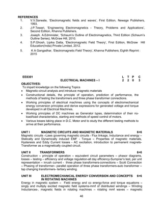 46
REFERENCES
1. V.V.Sarwate, ‘Electromagnetic fields and waves’, First Edition, Newage Publishers,
1993.
2. J.P.Tewari, ‘Engineering Electromagnetics - Theory, Problems and Applications’,
Second Edition, Khanna Publishers.
3. Joseph. A.Edminister, ‘Schaum’s Outline of Electromagnetics, Third Edition (Schaum’s
Outline Series), McGraw Hill, 2010.
4. S.P.Ghosh, Lipika Datta, ‘Electromagnetic Field Theory’, First Edition, McGraw Hill
Education(India) Private Limited, 2012.
5. K A Gangadhar, ‘Electromagnetic Field Theory’, Khanna Publishers; Eighth Reprint :
2015
EE8301
ELECTRICAL MACHINES – I
L T P C
2 2 0 3
OBJECTIVES:
To impart knowledge on the following Topics
 Magnetic-circuit analysis and introduce magnetic materials
 Constructional details, the principle of operation, prediction of performance, the
methods of testing the transformers and three phase transformer connections.
 Working principles of electrical machines using the concepts of electromechanical
energy conversion principles and derive expressions for generated voltage and torque
developed in all Electrical Machines.
 Working principles of DC machines as Generator types, determination of their no-
load/load characteristics, starting and methods of speed control of motors.
 Various losses taking place in D.C. Motor and to study the different testing methods to
arrive at their performance.
UNIT I MAGNETIC CIRCUITS AND MAGNETIC MATERIALS 6+6
Magnetic circuits –Laws governing magnetic circuits - Flux linkage, Inductance and energy –
Statically and Dynamically induced EMF - Torque – Properties of magnetic materials,
Hysteresis and Eddy Current losses - AC excitation, introduction to permanent magnets-
Transformer as a magnetically coupled circuit.
UNIT II TRANSFORMERS 6+6
Construction – principle of operation – equivalent circuit parameters – phasor diagrams,
losses – testing – efficiency and voltage regulation-all day efficiency-Sumpner’s test, per unit
representation – inrush current - three phase transformers-connections – Scott Connection
– Phasing of transformer– parallel operation of three phase transformers-auto transformer –
tap changing transformers- tertiary winding.
UNIT III ELECTROMECHANICAL ENERGY CONVERSION AND CONCEPTS
IN ROTATING MACHINES
6+6
Energy in magnetic system – Field energy and co energy-force and torque equations –
singly and multiply excited magnetic field systems-mmf of distributed windings – Winding
Inductances-, magnetic fields in rotating machines – rotating mmf waves – magnetic
 