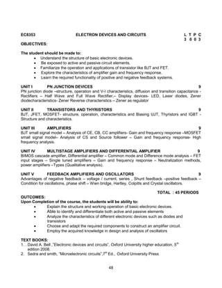 48
EC8353 ELECTRON DEVICES AND CIRCUITS L T P C
3 0 0 3
OBJECTIVES:
The student should be made to:
 Understand the structure of basic electronic devices.
 Be exposed to active and passive circuit elements.
 Familiarize the operation and applications of transistor like BJT and FET.
 Explore the characteristics of amplifier gain and frequency response.
 Learn the required functionality of positive and negative feedback systems.
UNIT I PN JUNCTION DEVICES 9
PN junction diode –structure, operation and V-I characteristics, diffusion and transition capacitance -
Rectifiers – Half Wave and Full Wave Rectifier,– Display devices- LED, Laser diodes, Zener
diodecharacteristics- Zener Reverse characteristics – Zener as regulator
UNIT II TRANSISTORS AND THYRISTORS 9
BJT, JFET, MOSFET- structure, operation, characteristics and Biasing UJT, Thyristors and IGBT -
Structure and characteristics.
UNIT III AMPLIFIERS 9
BJT small signal model – Analysis of CE, CB, CC amplifiers- Gain and frequency response –MOSFET
small signal model– Analysis of CS and Source follower – Gain and frequency response- High
frequency analysis.
UNIT IV MULTISTAGE AMPLIFIERS AND DIFFERENTIAL AMPLIFIER 9
BIMOS cascade amplifier, Differential amplifier – Common mode and Difference mode analysis – FET
input stages – Single tuned amplifiers – Gain and frequency response – Neutralization methods,
power amplifiers –Types (Qualitative analysis).
UNIT V FEEDBACK AMPLIFIERS AND OSCILLATORS 9
Advantages of negative feedback – voltage / current, series , Shunt feedback –positive feedback –
Condition for oscillations, phase shift – Wien bridge, Hartley, Colpitts and Crystal oscillators.
TOTAL : 45 PERIODS
OUTCOMES:
Upon Completion of the course, the students will be ability to:
 Explain the structure and working operation of basic electronic devices.
 Able to identify and differentiate both active and passive elements
 Analyze the characteristics of different electronic devices such as diodes and
transistors
 Choose and adapt the required components to construct an amplifier circuit.
 Employ the acquired knowledge in design and analysis of oscillators
TEXT BOOKS:
1. . David A. Bell ,”Electronic devices and circuits”, Oxford University higher education, 5th
edition 2008.
2. Sedra and smith, “Microelectronic circuits”,7th
Ed., Oxford University Press
 