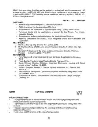 59
AD623 Instrumentation Amplifier and its application as load cell weight measurement - IC
voltage regulators –LM78XX, LM79XX; Fixed voltage regulators its application as Linear
power supply - LM317, 723 Variability voltage regulators, switching regulator- SMPS - ICL
8038 function generator IC.
TOTAL : 45 PERIODS
OUTCOMES:
 Ability to acquire knowledge in IC fabrication procedure
 Ability to analyze the characteristics of Op-Amp
 To understand the importance of Signal analysis using Op-amp based circuits.
 Functional blocks and the applications of special ICs like Timers, PLL circuits,
regulator Circuits.
 To understand and acquire knowledge on the Applications of Op-amp
 Ability to understand and analyse, linear integrated circuits their Fabrication and
Application.
TEXT BOOKS:
1. David A. Bell, ‘Op-amp & Linear ICs’, Oxford, 2013.
2. D. Roy Choudhary, Sheil B. Jani, ‘Linear Integrated Circuits’, II edition, New Age,
2003.
3. Ramakant A.Gayakward, ‘Op-amps and Linear Integrated Circuits’, IV edition,
Pearson Education, 2003 / PHI. 2000.
REFERENCES
1. Fiore,”Opamps & Linear Integrated Circuits Concepts & applications”, Cengage,
2010.
2. Floyd ,Buchla,”Fundamentals of Analog Circuits, Pearson, 2013.
3. Jacob Millman, Christos C.Halkias, ‘Integrated Electronics - Analog and Digital
circuits system’, McGraw Hill, 2003.
4. Robert F.Coughlin, Fredrick F. Driscoll, ‘Op-amp and Linear ICs’, Pearson, 6th
edition,2012.
5. Sergio Franco, ‘Design with Operational Amplifiers and Analog Integrated Circuits’,
Mc Graw Hill, 2016.
6. Muhammad H. Rashid,’ Microelectronic Circuits Analysis and Design’ Cengage
Learning, 2011.
COURSE OBJECTIVES
 To understand the use of transfer function models for analysis physical systems and
introduce the control system components.
 To provide adequate knowledge in the time response of systems and steady state error
analysis.
 To accord basic knowledge in obtaining the open loop and closed–loop frequency
responses of systems.
 To introduce stability analysis and design of compensators
IC8451 CONTROL SYSTEMS LT P C
3 2 0 4
 