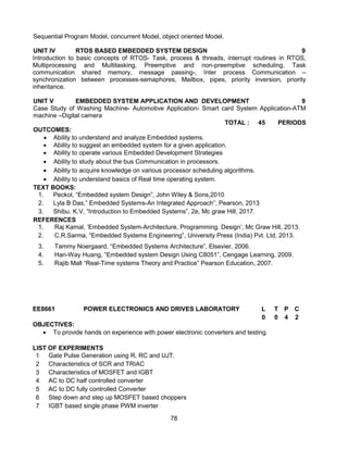 78
Sequential Program Model, concurrent Model, object oriented Model.
UNIT IV RTOS BASED EMBEDDED SYSTEM DESIGN 9
Introduction to basic concepts of RTOS- Task, process & threads, interrupt routines in RTOS,
Multiprocessing and Multitasking, Preemptive and non-preemptive scheduling, Task
communication shared memory, message passing-, Inter process Communication –
synchronization between processes-semaphores, Mailbox, pipes, priority inversion, priority
inheritance.
UNIT V EMBEDDED SYSTEM APPLICATION AND DEVELOPMENT 9
Case Study of Washing Machine- Automotive Application- Smart card System Application-ATM
machine –Digital camera
TOTAL : 45 PERIODS
OUTCOMES:
 Ability to understand and analyze Embedded systems.
 Ability to suggest an embedded system for a given application.
 Ability to operate various Embedded Development Strategies
 Ability to study about the bus Communication in processors.
 Ability to acquire knowledge on various processor scheduling algorithms.
 Ability to understand basics of Real time operating system.
TEXT BOOKS:
1. Peckol, “Embedded system Design”, John Wiley & Sons,2010
2. Lyla B Das,” Embedded Systems-An Integrated Approach”, Pearson, 2013
3. Shibu. K.V, “Introduction to Embedded Systems”, 2e, Mc graw Hill, 2017.
REFERENCES
1. Raj Kamal, ‘Embedded System-Architecture, Programming, Design’, Mc Graw Hill, 2013.
2. C.R.Sarma, “Embedded Systems Engineering”, University Press (India) Pvt. Ltd, 2013.
3. Tammy Noergaard, “Embedded Systems Architecture”, Elsevier, 2006.
4. Han-Way Huang, “Embedded system Design Using C8051”, Cengage Learning, 2009.
5. Rajib Mall “Real-Time systems Theory and Practice” Pearson Education, 2007.
EE8661 POWER ELECTRONICS AND DRIVES LABORATORY L T P C
0 0 4 2
OBJECTIVES:
 To provide hands on experience with power electronic converters and testing.
LIST OF EXPERIMENTS
1 Gate Pulse Generation using R, RC and UJT.
2 Characteristics of SCR and TRIAC
3 Characteristics of MOSFET and IGBT
4 AC to DC half controlled converter
5 AC to DC fully controlled Converter
6 Step down and step up MOSFET based choppers
7 IGBT based single phase PWM inverter
 