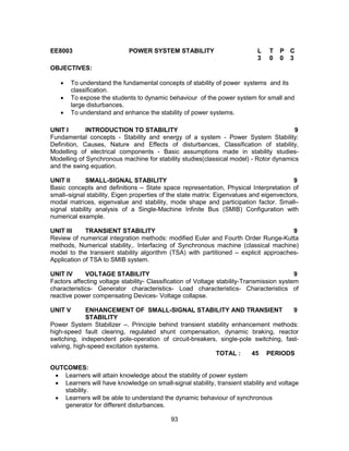 93
EE8003 POWER SYSTEM STABILITY L T P C
3 0 0 3
OBJECTIVES:
 To understand the fundamental concepts of stability of power systems and its
classification.
 To expose the students to dynamic behaviour of the power system for small and
large disturbances.
 To understand and enhance the stability of power systems.
UNIT I INTRODUCTION TO STABILITY 9
Fundamental concepts - Stability and energy of a system - Power System Stability:
Definition, Causes, Nature and Effects of disturbances, Classification of stability,
Modelling of electrical components - Basic assumptions made in stability studies-
Modelling of Synchronous machine for stability studies(classical model) - Rotor dynamics
and the swing equation.
UNIT II SMALL-SIGNAL STABILITY 9
Basic concepts and definitions – State space representation, Physical Interpretation of
small–signal stability, Eigen properties of the state matrix: Eigenvalues and eigenvectors,
modal matrices, eigenvalue and stability, mode shape and participation factor. Small–
signal stability analysis of a Single-Machine Infinite Bus (SMIB) Configuration with
numerical example.
UNIT III TRANSIENT STABILITY 9
Review of numerical integration methods: modified Euler and Fourth Order Runge-Kutta
methods, Numerical stability,. Interfacing of Synchronous machine (classical machine)
model to the transient stability algorithm (TSA) with partitioned – explicit approaches-
Application of TSA to SMIB system.
UNIT IV VOLTAGE STABILITY 9
Factors affecting voltage stability- Classification of Voltage stability-Transmission system
characteristics- Generator characteristics- Load characteristics- Characteristics of
reactive power compensating Devices- Voltage collapse.
UNIT V ENHANCEMENT OF SMALL-SIGNAL STABILITY AND TRANSIENT
STABILITY
9
Power System Stabilizer –. Principle behind transient stability enhancement methods:
high-speed fault clearing, regulated shunt compensation, dynamic braking, reactor
switching, independent pole-operation of circuit-breakers, single-pole switching, fast-
valving, high-speed excitation systems.
TOTAL : 45 PERIODS
OUTCOMES:
 Learners will attain knowledge about the stability of power system
 Learners will have knowledge on small-signal stability, transient stability and voltage
stability.
 Learners will be able to understand the dynamic behaviour of synchronous
generator for different disturbances.
 