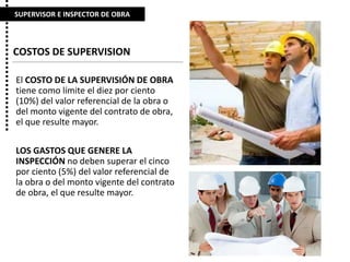 El COSTO DE LA SUPERVISIÓN DE OBRA
tiene como límite el diez por ciento
(10%) del valor referencial de la obra o
del monto vigente del contrato de obra,
el que resulte mayor.
LOS GASTOS QUE GENERE LA
INSPECCIÓN no deben superar el cinco
por ciento (5%) del valor referencial de
la obra o del monto vigente del contrato
de obra, el que resulte mayor.
SUPERVISOR E INSPECTOR DE OBRA
COSTOS DE SUPERVISION
 
