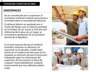 De ser considerado por el supervisor. El
contratista notificará mediante documento a
la Entidad sobre la necesidad del adicional.
El adicional deberá ser aprobado por el
Titular del Pliego o par la máxima autoridad
de la Entidad, de ser menor al 15% del valor
referencial de la obra, de ser mayor, se
necesitará la aprobación de la Contraloría
General de la República.
En el caso supuesto de que el residente
considere necesario un adicional y el
supervisor no lo apruebe, el debe dejar
asiento en el cuaderno de obra que no fue
aceptada su solicitud y de que él continuará
trabajando según las indicaciones del
supervisor, de esta manera se libera de
cualquier responsabilidad por cualquier
inconveniente que mas adelante pudiera
surgir.
SUPERVISOR E INSPECTOR DE OBRA
ADICIONALES
 