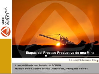 Etapas del Proceso Productivo de una Mina
7 de junio 2012, Santiago de Chile
Curso de Minería para Periodistas, SONAMI
Murray Canfield, Gerente Técnico Operaciones, Antofagasta Minerals
 