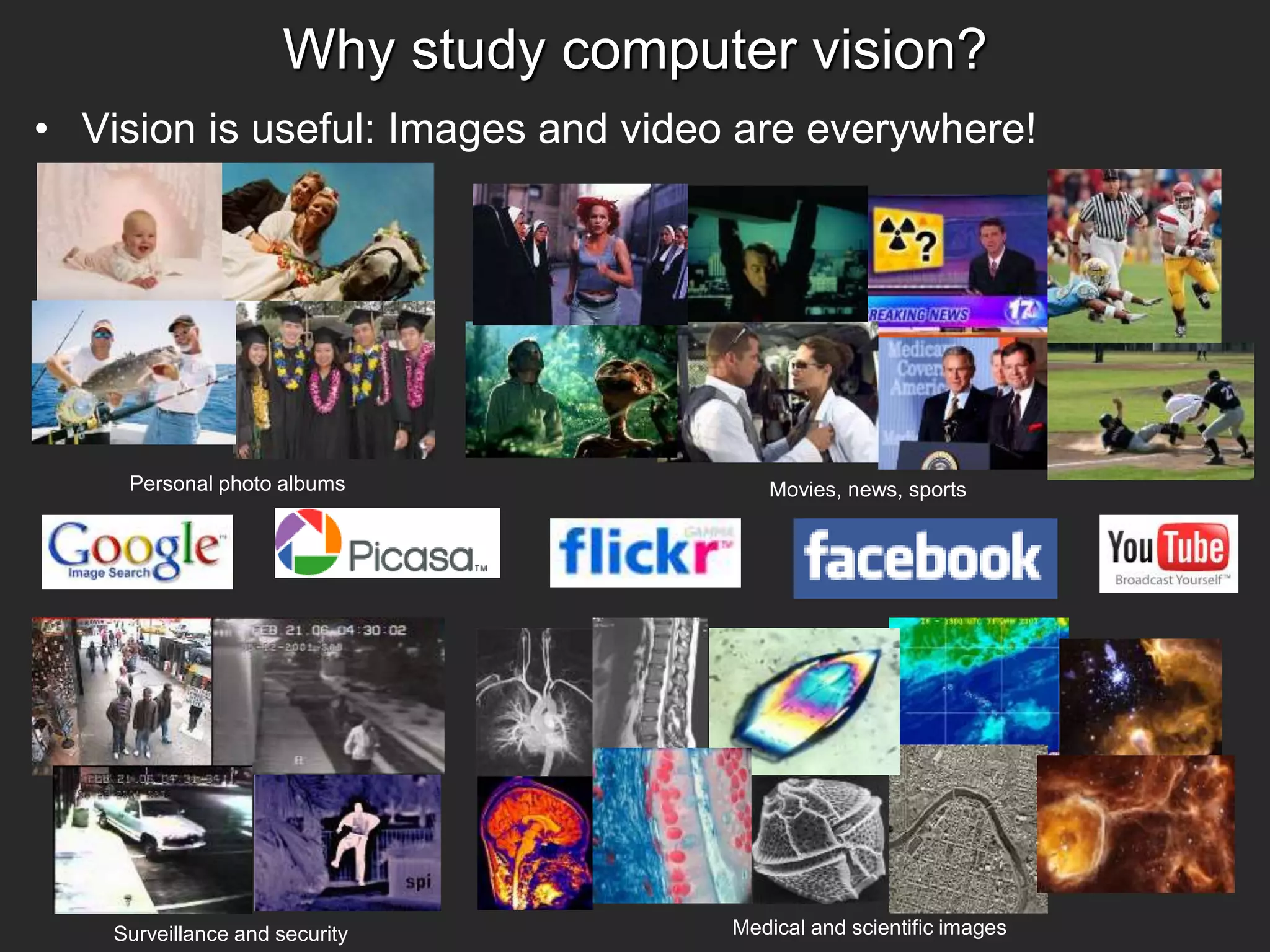 Why study computer vision?
Personal photo albums
Surveillance and security
Movies, news, sports
Medical and scientific images
• Vision is useful: Images and video are everywhere!
 