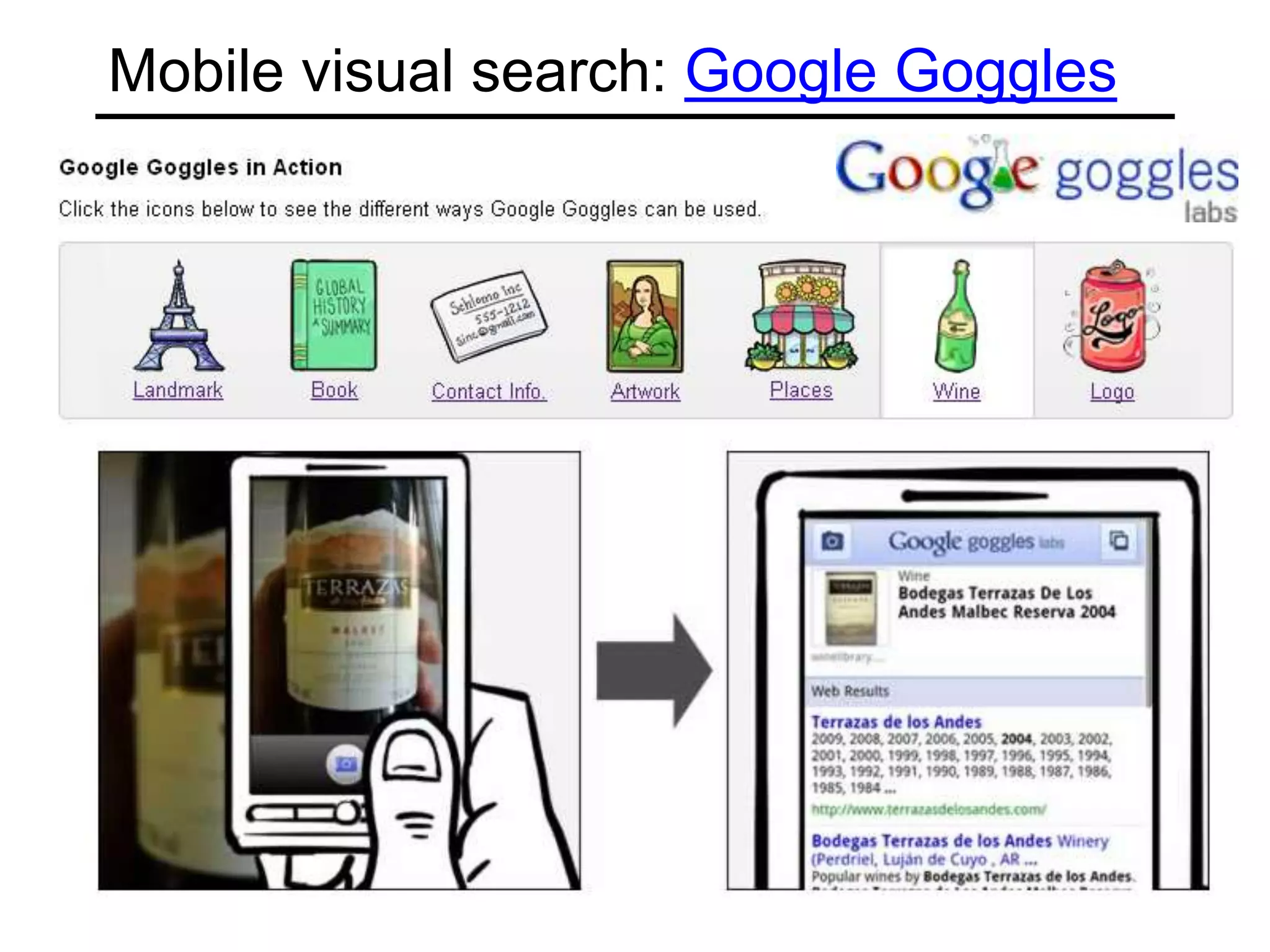 Mobile visual search: Google Goggles
 