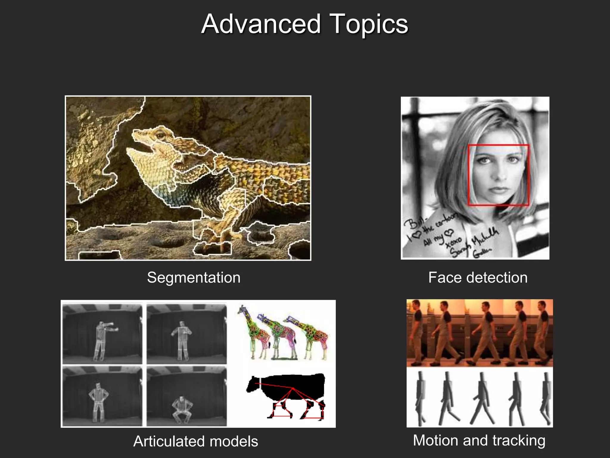 Advanced Topics
Segmentation
Articulated models
Face detection
Motion and tracking
 