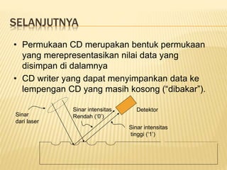 SELANJUTNYA
• Permukaan CD merupakan bentuk permukaan
yang merepresentasikan nilai data yang
disimpan di dalamnya
• CD writer yang dapat menyimpankan data ke
lempengan CD yang masih kosong (“dibakar”).
Sinar intensitas
tinggi (‘1’)
Sinar intensitas
Rendah (‘0’)
Sinar
dari laser
Detektor
 
