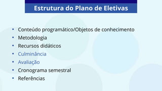 Estrutura do Plano de Eletivas
• Conteúdo programático/Objetos de conhecimento
• Metodologia
• Recursos didáticos
• Culminância
• Avaliação
• Cronograma semestral
• Referências
 