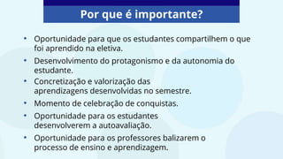 Por que é importante?
• Concretização e valorização das
aprendizagens desenvolvidas no semestre.
• Momento de celebração de conquistas.
• Oportunidade para os estudantes
desenvolverem a autoavaliação.
• Oportunidade para os professores balizarem o
processo de ensino e aprendizagem.
• Oportunidade para que os estudantes compartilhem o que
foi aprendido na eletiva.
• Desenvolvimento do protagonismo e da autonomia do
estudante.
 