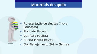 Materiais de apoio
 Apresentação de eletivas (Inova
Educação)
 Plano de Eletivas
 Currículo Paulista
 Cursos Inova Eletivas
 Live Planejamento 2021– Eletivas
© Pixabay
 