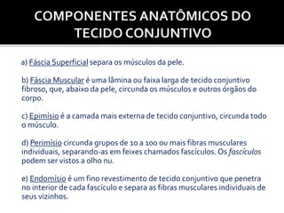 a) Fáscia Superficial separa os músculos da pele.
b) Fáscia Muscular é uma lâmina ou faixa larga de tecido conjuntivo
fibroso, que, abaixo da pele, circunda os músculos e outros órgãos do
corpo.
c) Epimísio é a camada mais externa de tecido conjuntivo, circunda todo
o músculo.
d) Perimísio circunda grupos de 10 a 100 ou mais fibras musculares
individuais, separando-as em feixes chamados fascículos.Os fascículos
podem ser vistos a olho nu.
e) Endomísio é um fino revestimento de tecido conjuntivo que penetra
no interior de cada fascículo e separa as fibras musculares individuais de
seus vizinhos.
 