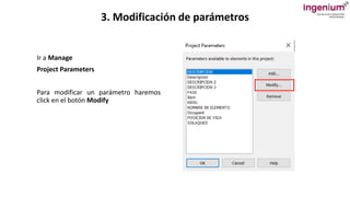 3. Modificación de parámetros
Ir a Manage
Project Parameters
Para modificar un parámetro haremos
click en el botón Modify
 