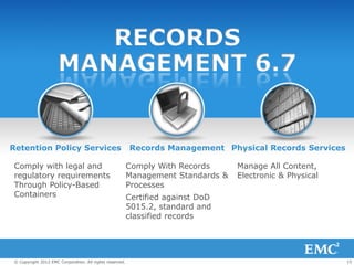 RECORDS
                      MANAGEMENT 6.7


Retention Policy Services                                 Records Management Physical Records Services

 Comply with legal and                                    Comply With Records      Manage All Content,
 regulatory requirements                                  Management Standards &   Electronic & Physical
 Through Policy-Based                                     Processes
 Containers                                               Certified against DoD
                                                          5015.2, standard and
                                                          classified records




 © Copyright 2012 EMC Corporation. All rights reserved.                                                    15
 