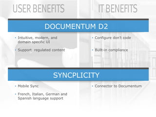 DOCUMENTUM D2
         • Intuitive, modern, and                           • Configure don’t code
           domain specific UI

         • Support regulated content                        • Built-in compliance




                                                   SYNCPLICITY
         • Mobile Sync                                      • Connector to Documentum

         • French, Italian, German and
           Spanish language support



© Copyright 2012 EMC Corporation. All rights reserved.                                  21
 